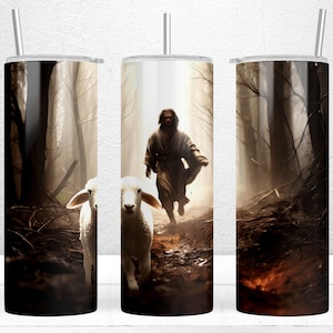 Jesus Running After a Lost Lamb 20oz Skinny Tumbler, Christian Tumbler Wrap PNG Digital Download, Jesus Lamb of God, Religious Tumbler Wrap