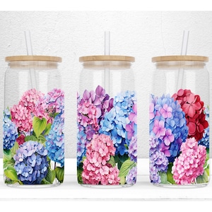 Hydrangea Flowers 16oz Libbey Glass Can Sublimation Design, Floral Glass Can Wrap, Hydrangea Tumbler Wrap, PNG File Digital Download