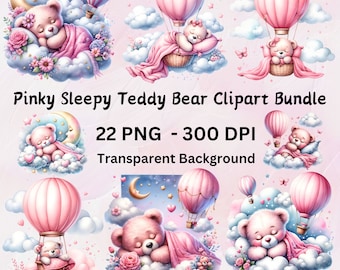 Aquarelle rose des cliparts ours en peluche endormi, 22 PNG mignon bébé ours clipart, clipart rose ours en peluche, ours en peluche fichiers Bundle téléchargement immédiat