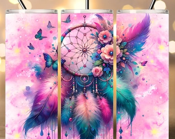 Boho Pink Dreamcatcher Butterfly Floral Tumbler Wrap 20oz Skinny Tumbler Design,  Dreamcatcher Tumbler Wrap, PNG Files Digital Download