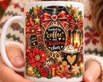 Christmas Mug Wrap PNG, 11oz & 15oz Leopard Christmas Coffee Mug, Fueled by Coffee and Christmas Cheer, Sublimation Download