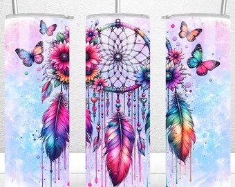 Boho Dreamcatcher Butterfly Floral Tumbler Wrap 20oz Skinny Tumbler Design,  Floral Boho Sublimation Wrap Design, PNG Files Digital Download