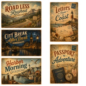 May include: Set of six vintage-style travel-themed metal signs. Each sign features illustrations and text such as "The Road Less Rushed," "Letters from the Coast," "City Break After Dark," "Harbor Morning," and "Passport to Adventure."