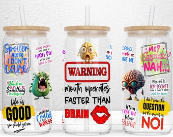 Vaso de vidrio Libbey de 16 oz con diseño de sublimación sarcástico, diseños divertidos para sublimación, diseño de vaso de vidrio PNG, taza Libbey, citas sarcásticas