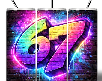 Neon Graffiti 6 7 Meme Tumbler Wrap, Electric Street Art Seamless Pattern, 20oz Skinny Tumbler Sublimation Design, Vibrant Punk Street Style