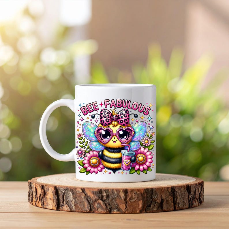 May include: White ceramic mug featuring a cartoon bee with heart-shaped sunglasses, a bow, and wings. The mug has the words "BEE FABULOUS" and is surrounded by flowers. The mug is on a wooden slice.