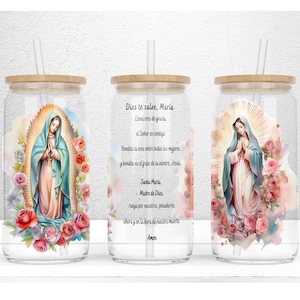 Dios Te Salve, María 16oz Libbey Glass Can Tumbler Diseño de Sublimación, Virgen María Orando, Virgen De Guadalupe PNG Archivo Descarga Digital
