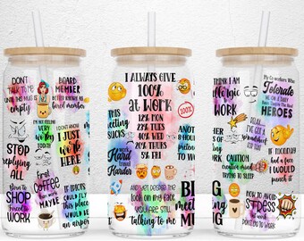 May include: Four colorful, reusable, clear plastic tumblers with bamboo lids and straws. Each tumbler features a different humorous work-themed design with text and emojis. The designs include "I Always Give 100% at Work", "Don't Talk to Me Until This Mug is Empty", "Think I Am Allergic to Work", and "My Co-workers Who Tolerate Me on a Daily Basis They're The Real Heroes".