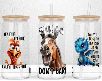 Animales divertidos vidrio puede envolver, diseño de sublimación de lata de vidrio Libbey de 16 oz, lata de vidrio sarcástico, regalo de vaso divertido, descarga digital de archivos PNG