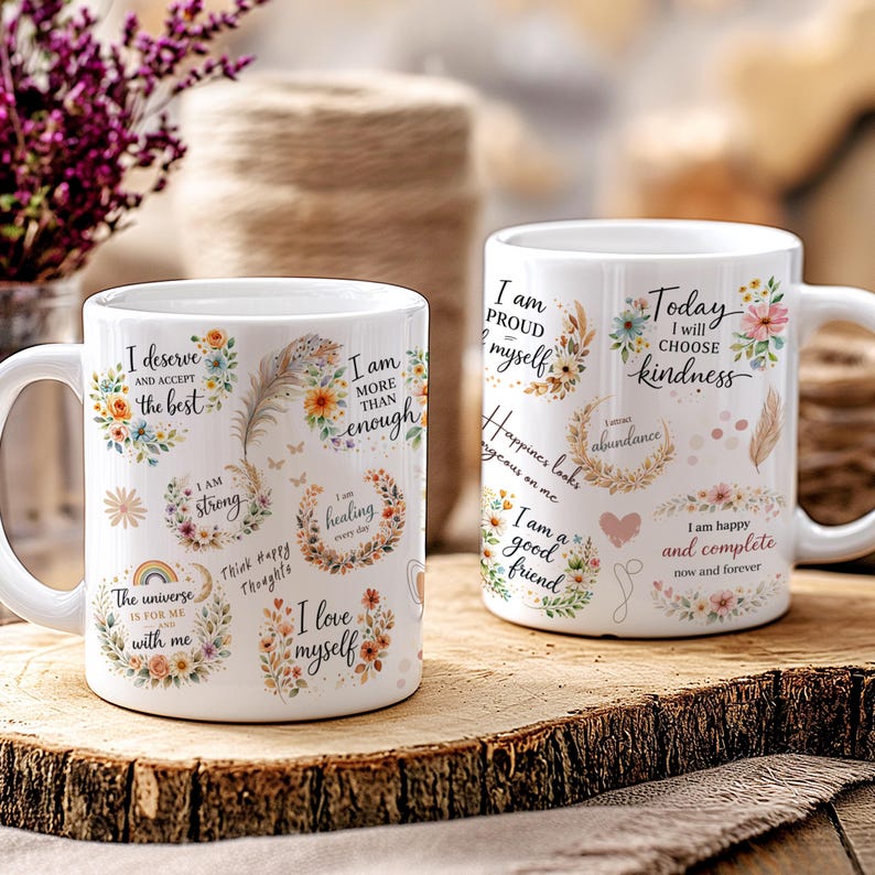 May include: Two white ceramic mugs with inspirational quotes and floral designs. One mug features phrases like "I deserve the best" and "I am strong." The other mug says "Today I will choose kindness" and "I am happy and complete."