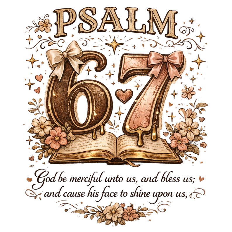 Psalm 67 PNG Design, Christian Bible Verse Sublimation, Coquette Bow 67 Scripture, Six Seven PNG,  Vintage Gold Floral PNG Digital Download