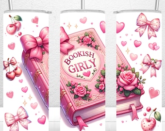 Coquette Pink Bookish Girly Aesthetic 20oz Skinny Tumbler Sublimation Design, Tumbler Gift For Girl, Coquette Cherries PNG Digital Download