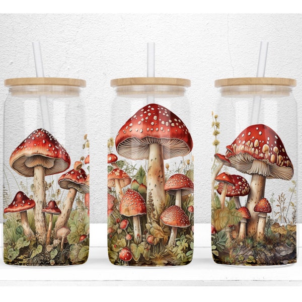 Cottagecore Mushrooms  16oz Libbey Glass Can Tumbler Design, Glass Can Wrap, Wildflower Cottagecore Tumbler Wrap, PNG File Digital Download