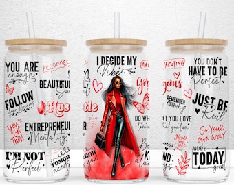I Decide My Vibes Black Woman Affirmation 16oz Libbey Glass kan sublimatieontwerp, Black Girl UV-DTF, dagelijkse affirmaties, png-bestand