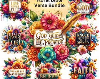Paquete de 26 PNG florales cristianos, PNG de camisetas religiosas, archivos de sublimación religiosa, diseño PNG de camisetas de Jesús, diseños de paquetes de versículos bíblicos florales