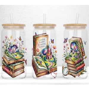 Leaving Reality Entering Fiction 16oz Libbey Glass Can Sublimation Design, Book Libbey Wrap, Reader Glass Can Wrap PNG File Digital Download