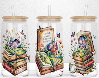 Leaving Reality Entering Fiction 16oz Libbey Glass Can Sublimation Design, Book Libbey Wrap, Reader Glass Can Wrap PNG File Digital Download