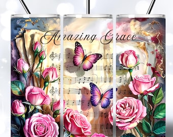 Vintage Amazing Grace PNG 20oz Skinny Tumbler Design, Butterfly Hymn Sheet Music, Christian Tumbler Wrap, PNG Files Digital Download