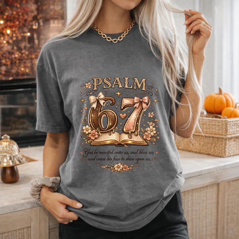 May include: Gray t-shirt featuring the text "PSALM 67" with floral and bow accents. The design includes an open book and the quote "God be merciful unto us, and bless us; and cause his face to shine upon us,".
