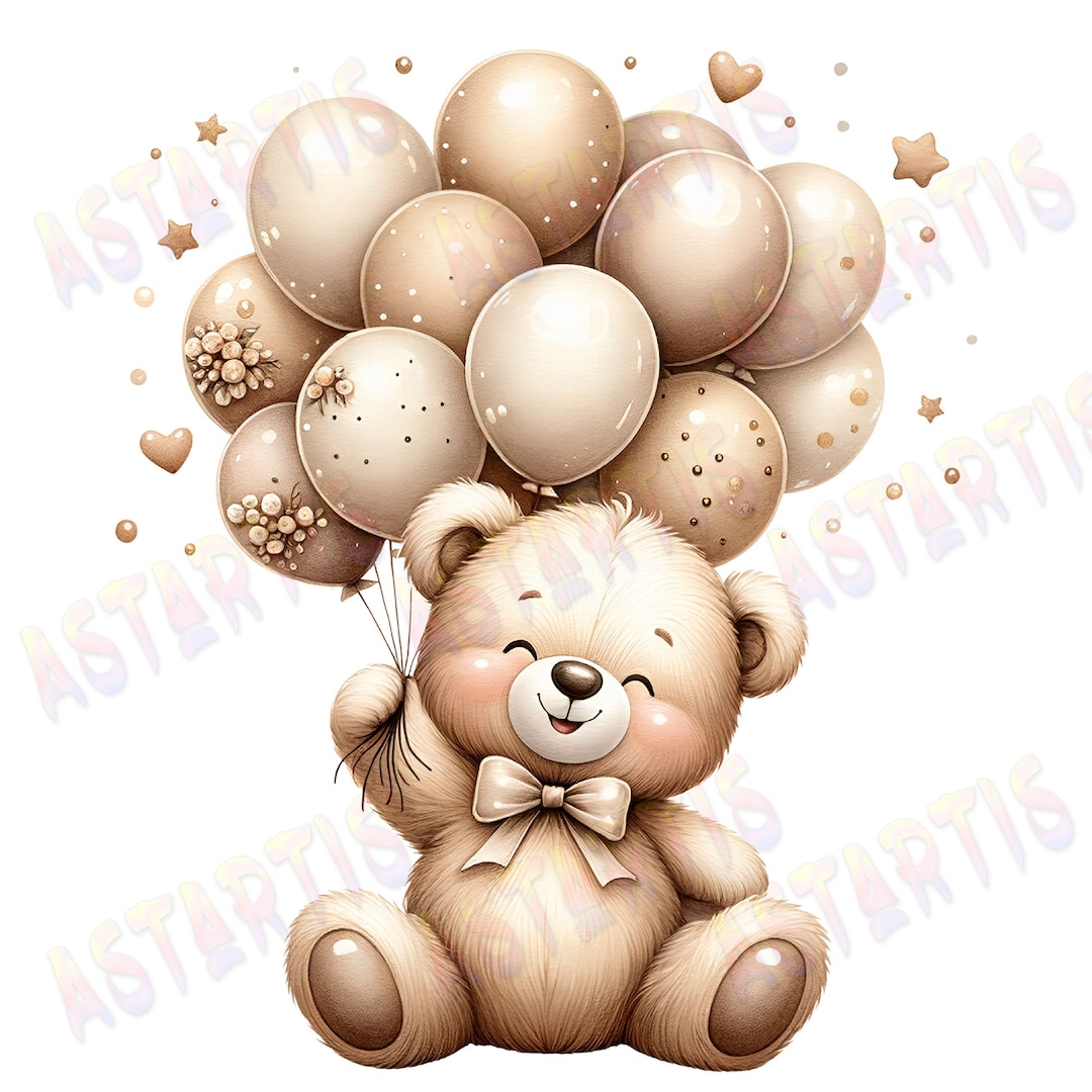Watercolor Teddy Bear Clipart With Balloons, Digital PNG for Baby ...