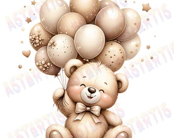 Può includere: Un orsacchiotto marrone che tiene un mazzo di palloncini beige. L'orsacchiotto è seduto su uno sfondo bianco.