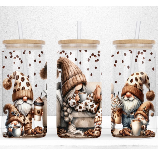 Coffee Gnomes 16oz Libbey Glass Can Sublimation Design, Gnomes Tumbler Wrap, Coffee Gnomes Libby Glass,  Coffee Wrap PNG Digital Download