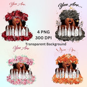 May include: Four digital illustrations of a woman with flowers covering her eyes. Each illustration features a different color scheme: red, black, pink, and orange. Each woman is holding bottles with words like "Amazing", "Important", "Special", "Loved", "Unique", "Kind", and "Precious" written on them.