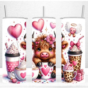 Highland Kuh Valentinstag 20 Unzen Skinny Tumbler Sublimationsdesign, Highland Kuh Tumbler Wrap, Valentinstag Tumbler Wrap, PNG Digital Download