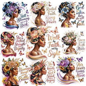 以下が含まれることがあります： 水彩イラストのコレクションで、花の冠と蝶で飾られた黒人女性が描かれています。 各ポートレートには、「Still Blooming」や「Walk by Faith」などのインスピレーションを与えるテキストが含まれています。 このアートワークは活気に満ち、エンパワーメントに焦点を当てています。