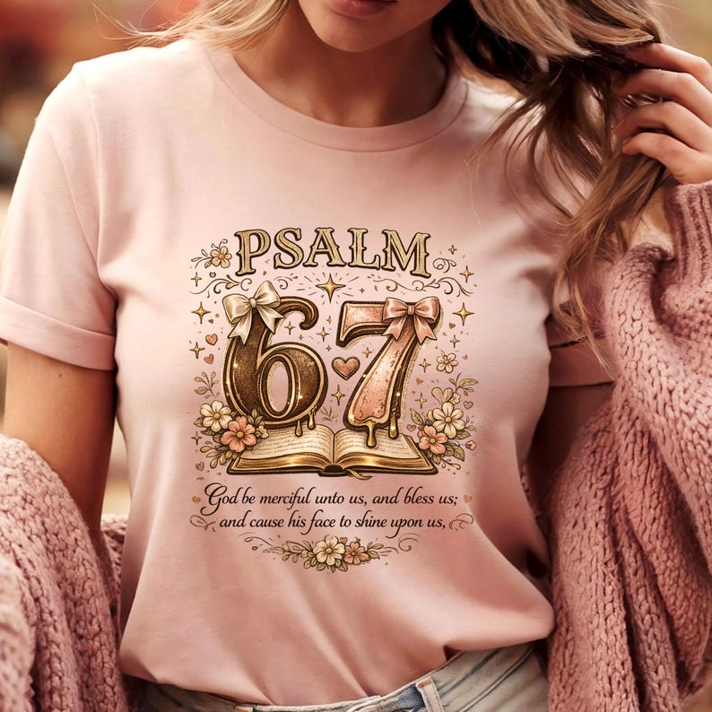 May include: A light pink t-shirt featuring the text "PSALM 67" in a decorative font, with floral and bow accents. The design includes an open book and the phrase "God be merciful unto us, and bless us; and cause his face to shine upon us."