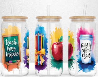 Teach Love Inspire 16oz Libbey Glass Can Sublimation Design, Brushstrokes Teacher Png, Teacher Glass Can, Brushstrokes PNG Digital Download