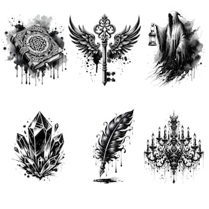 May include: Six black and white illustrations of various gothic and occult themed designs. The designs include a book with a pentagram, a key with wings, a ghost holding a lantern, a crystal, a feather quill, and a chandelier.