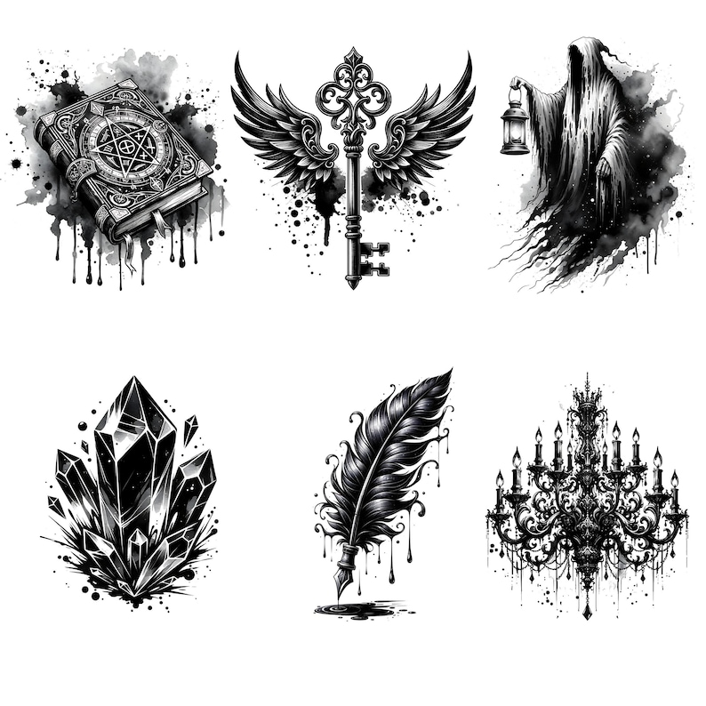 May include: Six black and white illustrations of various gothic and occult themed designs. The designs include a book with a pentagram, a key with wings, a ghost holding a lantern, a crystal, a feather quill, and a chandelier.