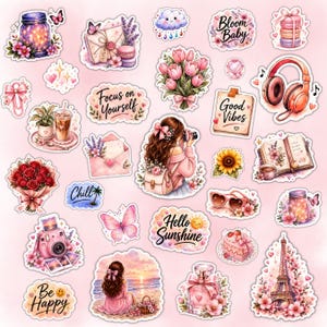 May include: A collection of stickers with a pink background. The stickers feature various designs, including flowers, butterflies, a camera, headphones, and the phrases "Bloom Baby", "Focus on Yourself", "Good Vibes", "Hello Sunshine", and "Be Happy".