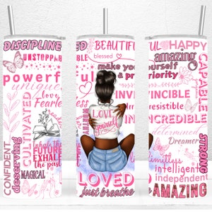 Pink Love Yourself Black Woman Tumbler Wrap, 20oz Skinny Tumbler Sublimation Designs, Affirmations Tumbler Wrap
