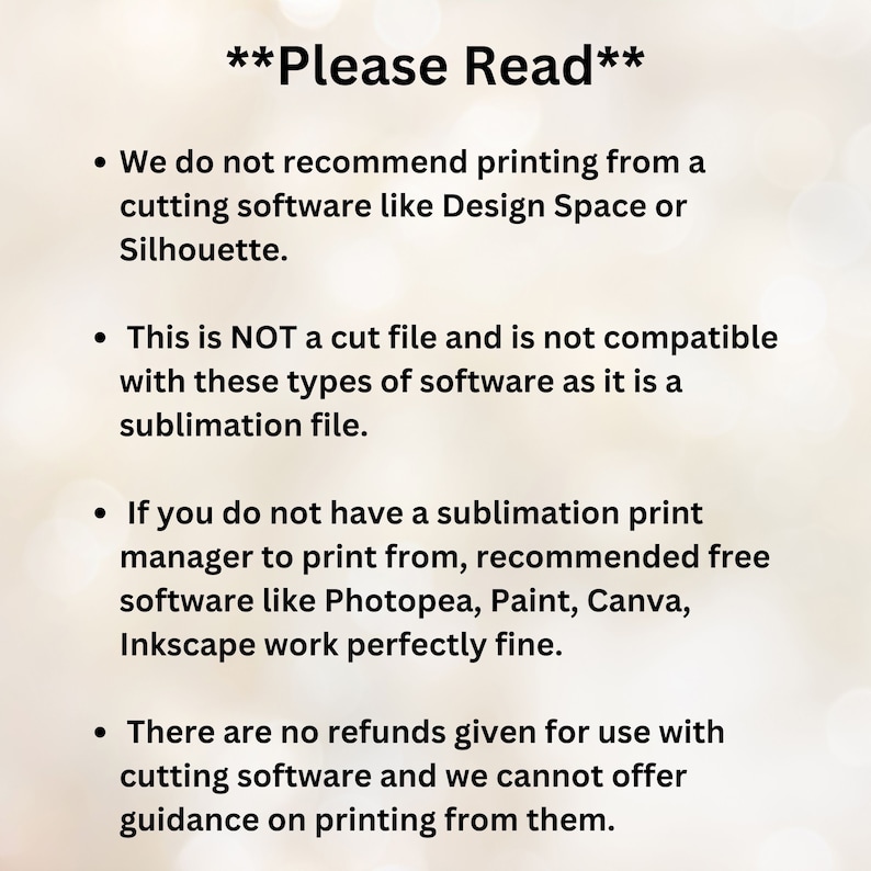 K&ouml;nnte beinhalten: Text auf cremefarbenem Hintergrund mit "Bitte lesen" und Aufz&auml;hlungspunkten. Der Text warnt vor dem Drucken mit Schneidesoftware und empfiehlt Photopea, Paint, Canva und Inkscape. Es ist keine Schnittdatei.