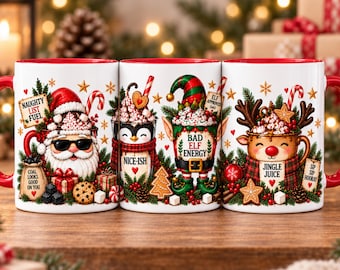 Funny Christmas Mug Wrap PNG, Christmas Mug Sublimation Design, Santa Elf Reindeer Penguin, 11oz 15oz Mug Template, Digital Download