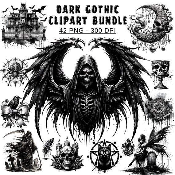 42 Dark Gothic PNG Bundle Sublimation Designs, Halloween Gothic Clipart, Dark Witchcraft Clipart Bundle, Goth Clip Art PNG Digital Files