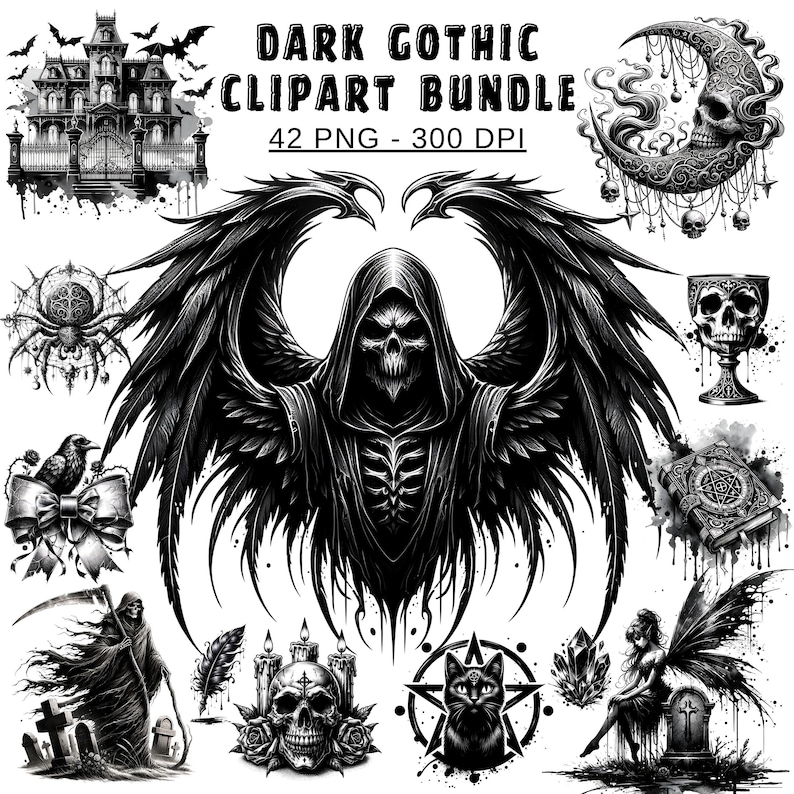Explore our Dark Gothic Clipart Bundle with 42 high-quality PNG designs. Perfect for creating spooky and unique sublimation projects. Download now and unleash your creativity!