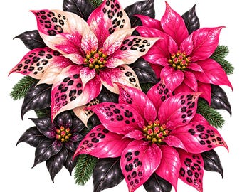 Pink Leopard Poinsettia PNG Bundle, 10 Christmas Floral Designs (Digital Download)