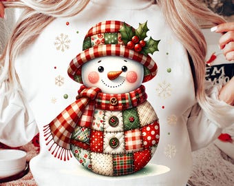 Muñeco de nieve de patchwork PNG, diseño de sublimación de Navidad PNG, descarga digital navideña acogedora, lindo muñeco de nieve de invierno, Navidad preppy PNG