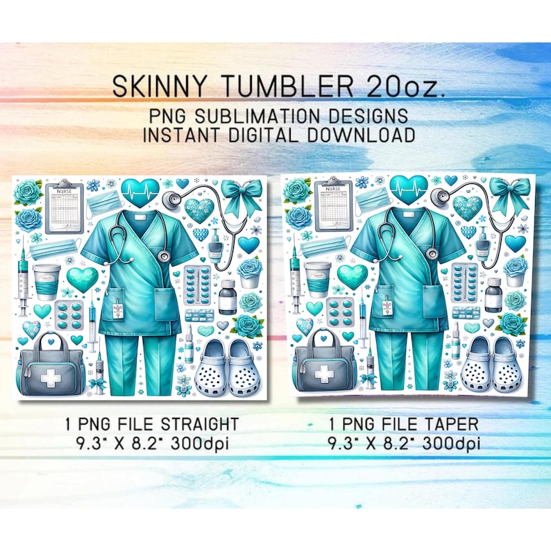 Peut inclure: Un motif num&eacute;rique pour un gobelet fin de 20 oz. Le motif pr&eacute;sente des blouses m&eacute;dicales, un st&eacute;thoscope, des c&oelig;urs et des fournitures m&eacute;dicales dans des tons de bleu sarcelle et de bleu. Le texte indique "SKINNY TUMBLER 20oz." et "PNG SUBLIMATION DESIGNS INSTANT DIGITAL DOWNLOAD". Le motif mesure 23,6 cm x 20,8 cm &agrave; 300 dpi.