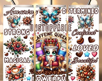 Tumbler da caffè ispiratore, design del tumbler sottile da 20 once, PNG Coffeine Queen, Tumbler da caffè ispiratore, file digitale PNG di umorismo sul caffè