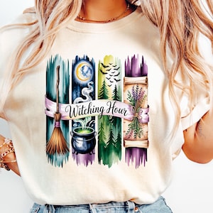 Witching Hour PNG, Watercolor Witch Shirt Design, Broom Cauldron Moon Clipart, Halloween Brushstroke Sublimation, Witchy Vibes PNG Digital