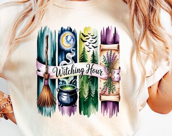 Witching Hour PNG, Watercolor Witch Shirt Design, Broom Cauldron Moon Clipart, Halloween Brushstroke Sublimation, Witchy Vibes PNG Digital