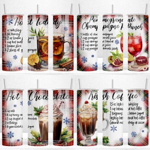 May include: Set of 10 sublimation tumbler designs featuring winter holiday drinks. The designs include Hot Toddy, Pomegranate Punch, Hot Chocolate, Irish Coffee, and more. Each design features a festive plaid background and a glass with a drink and ingredients.