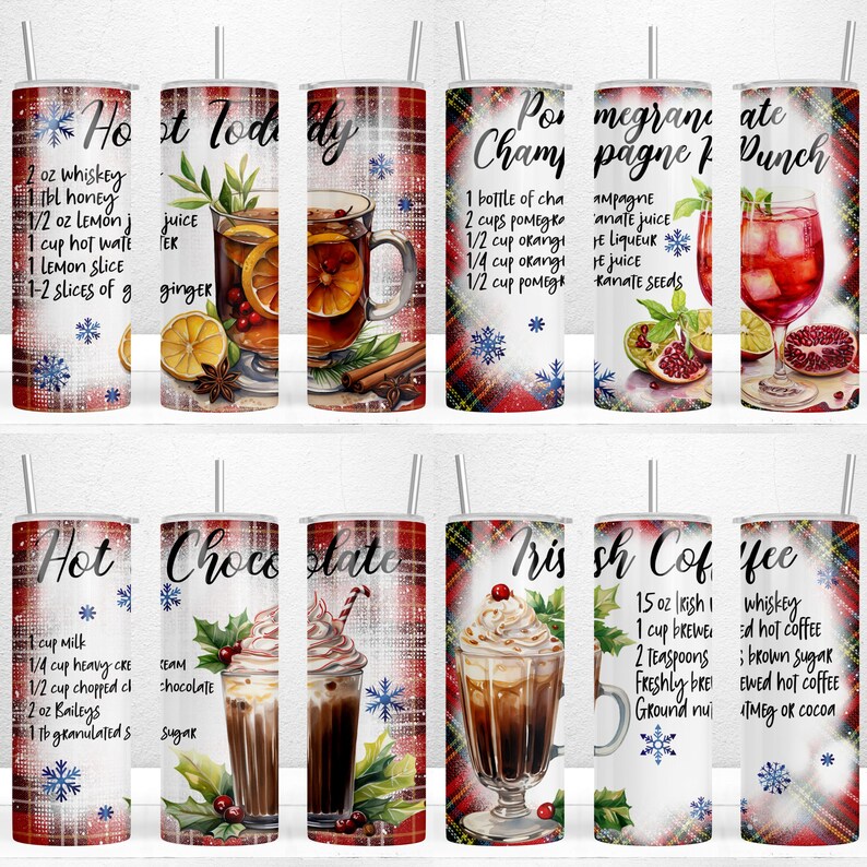 May include: Set of 10 sublimation tumbler designs featuring winter holiday drinks. The designs include Hot Toddy, Pomegranate Punch, Hot Chocolate, Irish Coffee, and more. Each design features a festive plaid background and a glass with a drink and ingredients.