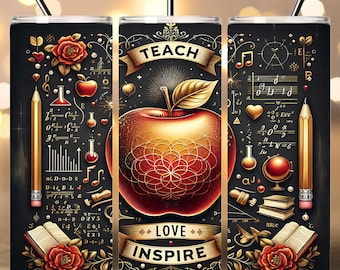 Teach Love Inspire 20oz Skinny Tumbler Design Sublimazione, Tumbler Wrap per insegnanti, Regali di apprezzamento per insegnanti, Insegnante Apple, Regali per la classe