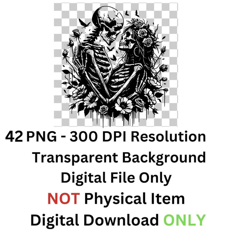 May include: Black and white digital illustration of two skeletons embracing, surrounded by flowers. The skeletons are wearing floral crowns and appear to be in love.