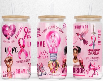 Bröstcancermedvetenhet 16oz Libbey glasburk sublimeringsdesign, rosa bandet png, överlevnadsbekräftelser, PNG-fil digital nedladdning